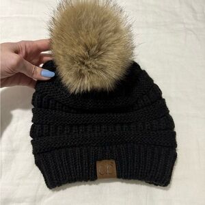 Black Knit C.C Beanie with Faux Fur Pom